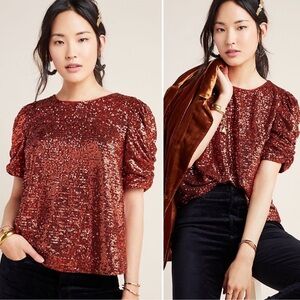 Anthropologie Marie Sequin Red Copper Puff Sleeve Blouse